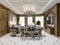 Classic living room with gray furnishings and carved patterned wood walls