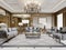 Classic living room with gray furnishings and carved patterned wood walls