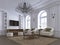 Classic living room, paneling and ceiling moldings over a herringbone hardwood floor furnished with white upholstered sofas and