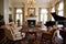 classic living room with plush armchairs, fireplace, and grand piano