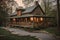 classic log cabin with wraparound porch, rocking chairs and lanterns