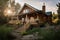 classic log cabin with wraparound porch, rocking chairs and lanterns