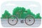 Classic man bicycle vector illustration on cityscape background. Women s bike green eco transport