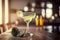 Classic margarita cocktail on a bar counter in a dark bar, generative AI