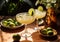 Classic margarita cocktail with limes and sal decoration on summer sunny day.Macro.AI Generative