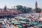 The classic market with green awnings of the Jemaa el-Fnaa square in the Medina in Marrakech