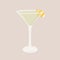Classic Martini Cocktail in glass with lemon peel decoration. Summer aperitif retro elegant square card. Alcoholic
