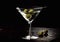 Classic martini and vodka glass with olive on black.Macro.AI Generative