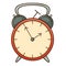 Classic mechanical alarm clock with a hammer. Design element with outline. Doodle, hand-drawn. Flat design. Color vector