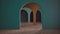 Classic metaphysics surreal interior design, empty space with ceramic floor, archway with stucco colored walls, colorful plaster,