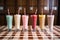 classic milkshake glasses lined up on a checkered floor