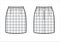 Classic mini pencil skirt with houndstooth pattern. Back and front. Technical flat sketch.