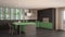 Classic minimal gray and green kitchen with parquet floor, modern interior design