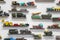 Classic model vehicles or toy vehicles. Collection of automobiles. Retro car models on shelf