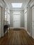 Classic modern hallway corridor interior with beige walls and white doors. Key table and a large mirror with sconces on the wall