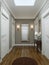 Classic modern hallway corridor interior with beige walls and white doors. Key table and a large mirror with sconces on the wall