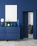 Classic, modern, scandinavian style dark-blue color interior mock up. 3d render illustration.