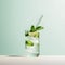 Classic mojio with lime, fresh mint and ice cubes on light colored background. Menu concept, copy space. Shadows, sunlight