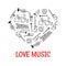Classic musical instruments icons shaped as heart