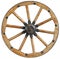 Classic old antique wooden wagon wheel rim spoke with black metal brackets and rivets. Traditional cannon wheel isolated on white.