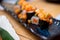 Classic onigiri inside with salmon sushi rolls