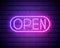 Classic OPEN neon sign. Made with gradient mesh. dark brick wall background