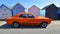 Classic Orange Ford Cortina MK3 Car Parked in front of beach huts.