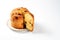 Classic panettone with dried fruits, traditional Italian Christmas cake on white background. Before the piece, a piece of cake.,