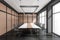 Classic panoramic beige and grey conference room with long table and rectangular lamp