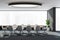 Classic panoramic grey conference room interior with long table and round lamp