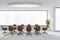 Classic panoramic white conference room interior with long table and round lamp