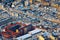 Classic Parisian buildings. Aerial view of roofs. Paris roofs panoramic overview at summer day, France. View of typical parisian