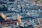 Classic Parisian buildings. Aerial view of roofs. Paris roofs panoramic overview at summer day, France. View of typical parisian