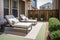 classic patio with lounge chairs, potted plants, and plush carpeting