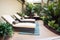 classic patio with lounge chairs, potted plants, and plush carpeting