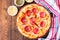 Classic pepperoni pizza in a plate on a wooden background