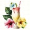Classic Pina Colada Cocktail Watercolor Clipart, Isolated on White Background - Generative AI