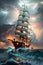 The Classic Pirate Ship Sailing through Stormy Clouds and Lightning on a Choppy Sea. AI generated