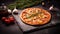 Classic Pizza On Black Stone Plate With Dreamlike Atmosphere