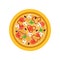 Classic pizza with mushrooms, tomatoes, olives, green basil leaves, onion and pepper rings. Traditional Italian dish or