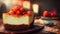 Classic plain New York Cheesecake sliced on wooden board, closeup view, selective focus. Generative AI