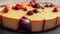 Classic plain New York Cheesecake sliced on wooden board, closeup view, selective focus. Generative AI