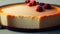 Classic plain New York Cheesecake sliced on wooden board, closeup view, selective focus. Generative AI