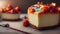 Classic plain New York Cheesecake sliced on wooden board, closeup view, selective focus. Generative AI