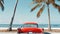 Classic red car parked by the shore, evoking nostalgia and summer vibes with its vintage charm against a backdrop of palm trees