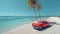 Classic red car parked by the shore, evoking nostalgia and summer vibes with its vintage charm against a backdrop of palm trees