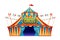 Classic red yellow travel circus tent on transparent background with decorative signboard, decorated with flags isolated