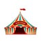 Classic red yellow travel circus tent on wite background with decorative signboard - welcome, isolated  illustration
