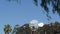 Classic retro windmill, bladed rotor and USA flag against blue sky. Vintage water pump wind turbine, power generator on livestock