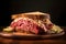 Classic Reuben sandwich, with layers of corned beef, sauerkraut, Swiss cheese